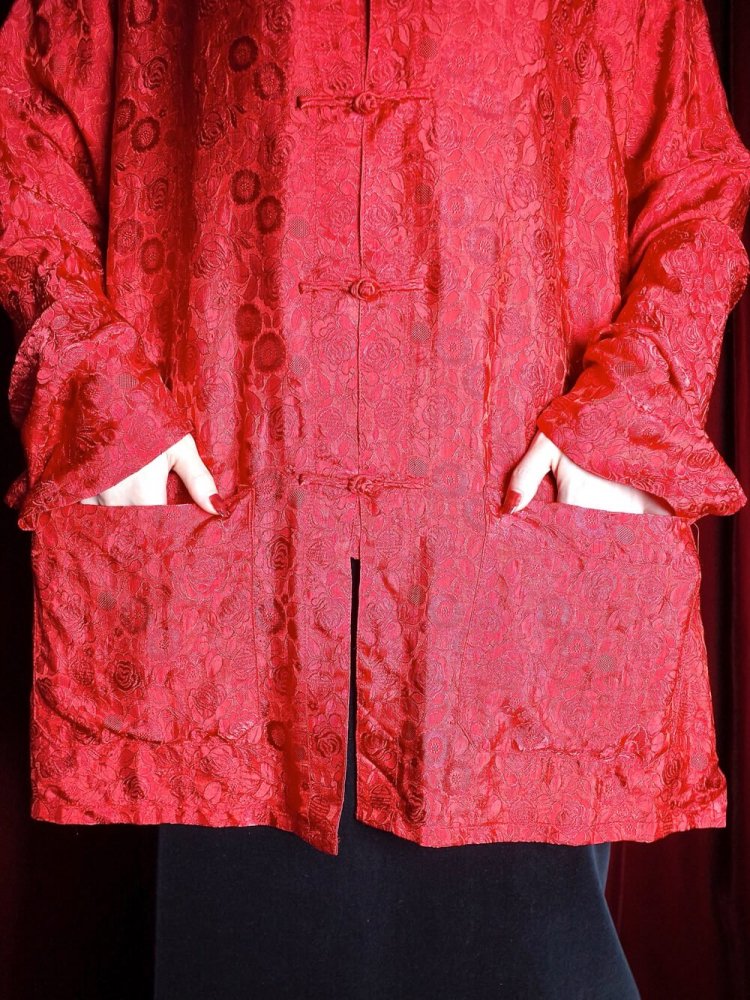 Flower Jacquard Red Silk China Shirt