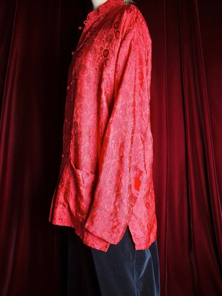 Flower Jacquard Red Silk China Shirt