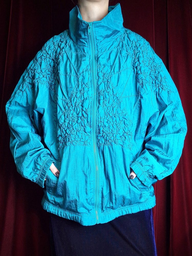 Turquoise Blue Gather Nylon Blouson