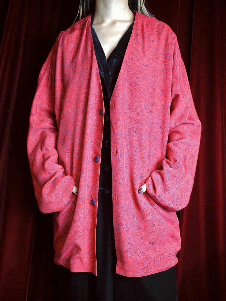 Modern Pattern Red Rayon Collarless Jacket Reversible