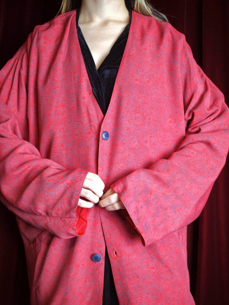 Modern Pattern Red Rayon Collarless Jacket Reversible