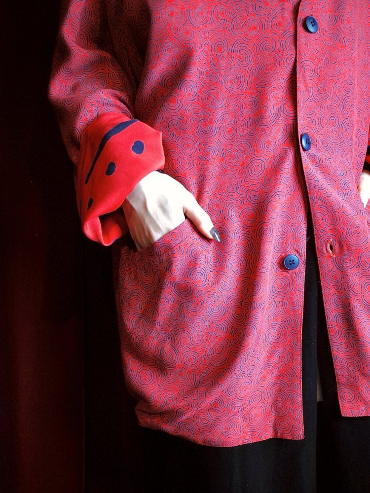 Modern Pattern Red Rayon Collarless Jacket Reversible