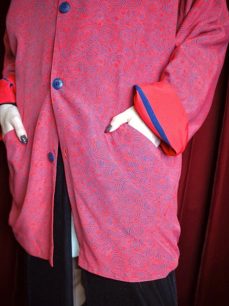 Modern Pattern Red Rayon Collarless Jacket Reversible