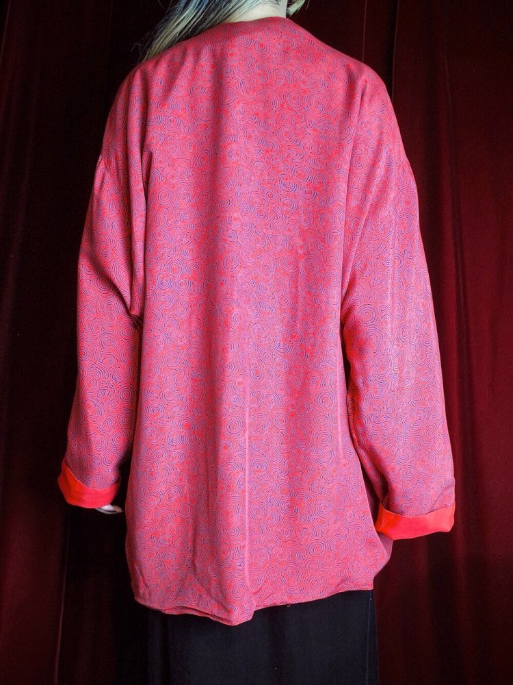 Modern Pattern Red Rayon Collarless Jacket Reversible