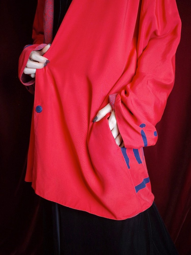 Modern Pattern Red Rayon Collarless Jacket Reversible