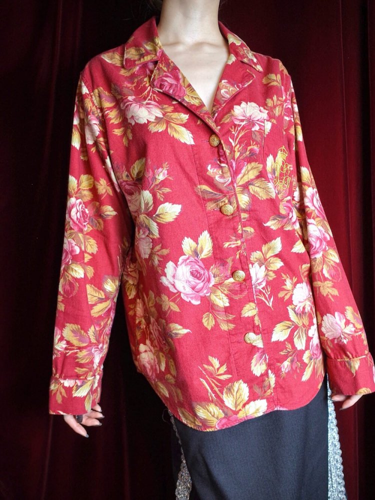 LAUREN / RALPH LAUREN Gold Buttons Flower & Emblem Embroidery Pajama Shirt