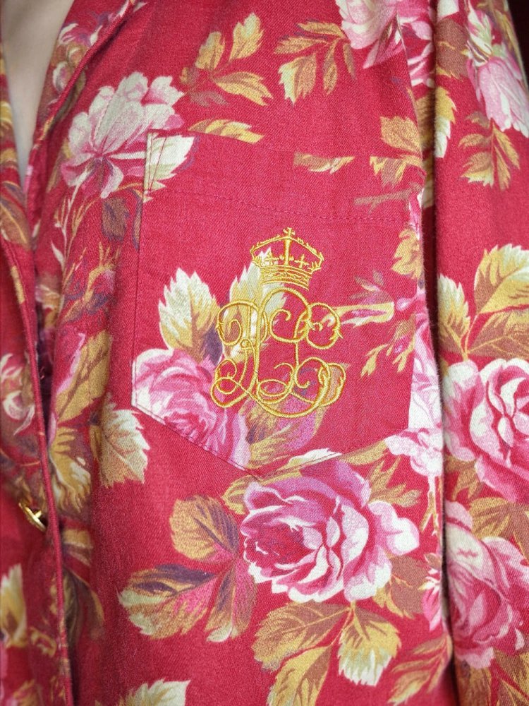 LAUREN / RALPH LAUREN Gold Buttons Flower & Emblem Embroidery Pajama Shirt