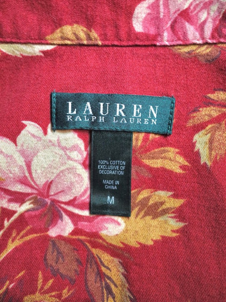 LAUREN / RALPH LAUREN Gold Buttons Flower & Emblem Embroidery Pajama Shirt