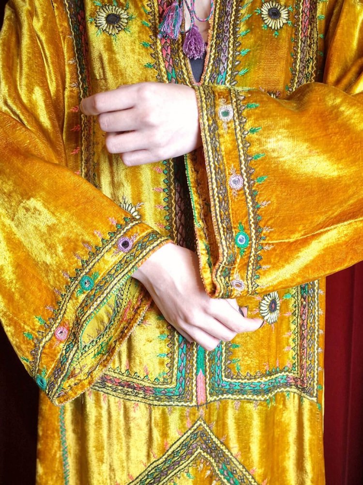 Hand Made in PAKISTAN Mirror Embroidery Mustard Velvet Dress