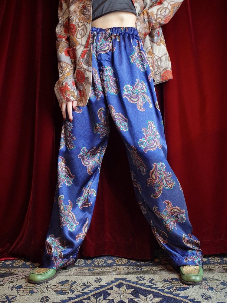 Navy Paisley Satin Pants