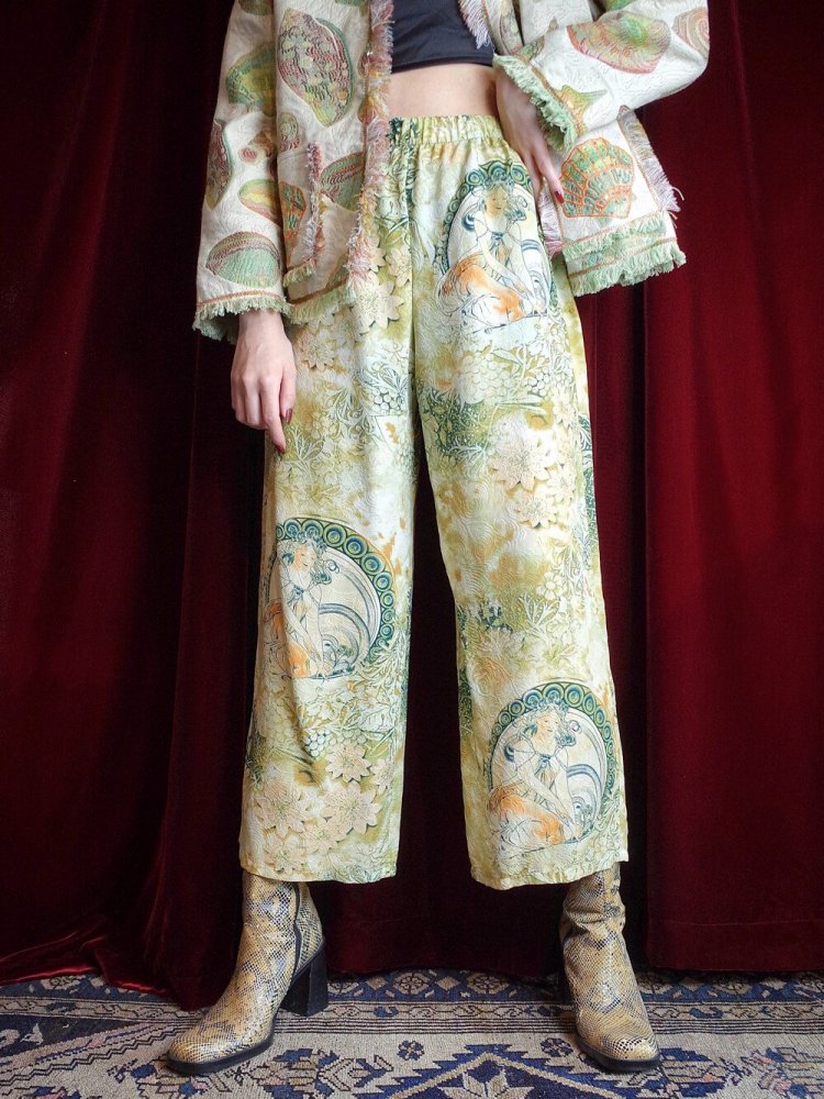 MUCHA  Oriental Sold Pattern Silk Wide Pants