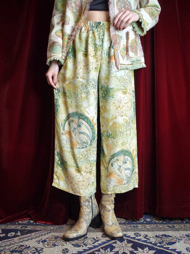 MUCHA  Oriental Sold Pattern Silk Wide Pants