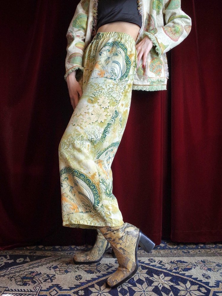 MUCHA  Oriental Sold Pattern Silk Wide Pants