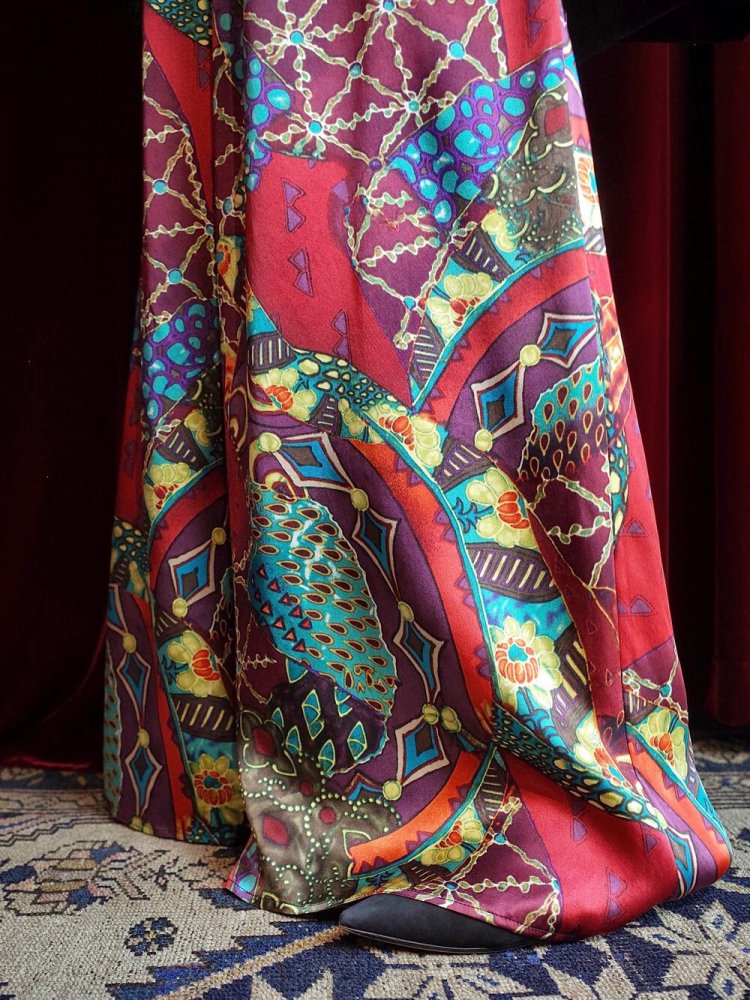 Oriental Art Pattern Silk Wide Pants