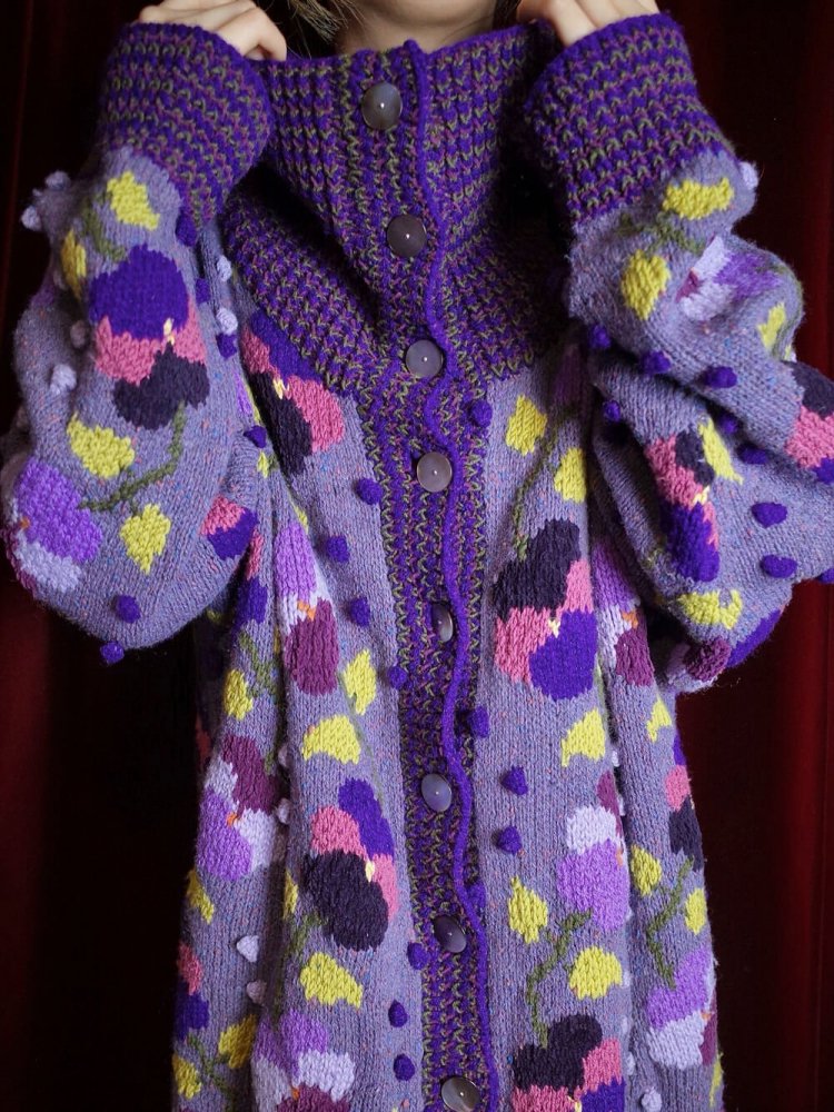 Smoky Purple Flower & Pompom Knit