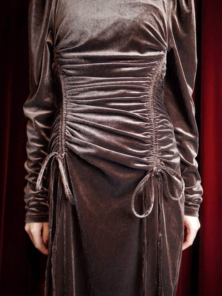 Deep Brown Shirring Gather Velvet Dress