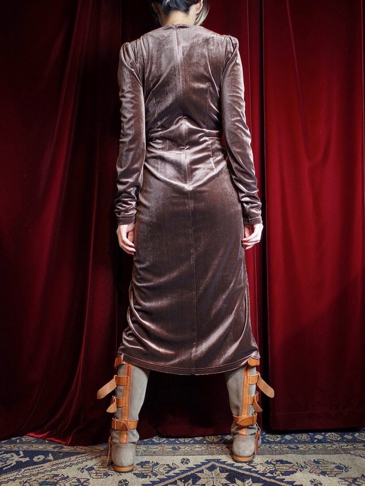 Deep Brown Shirring Gather Velvet Dress