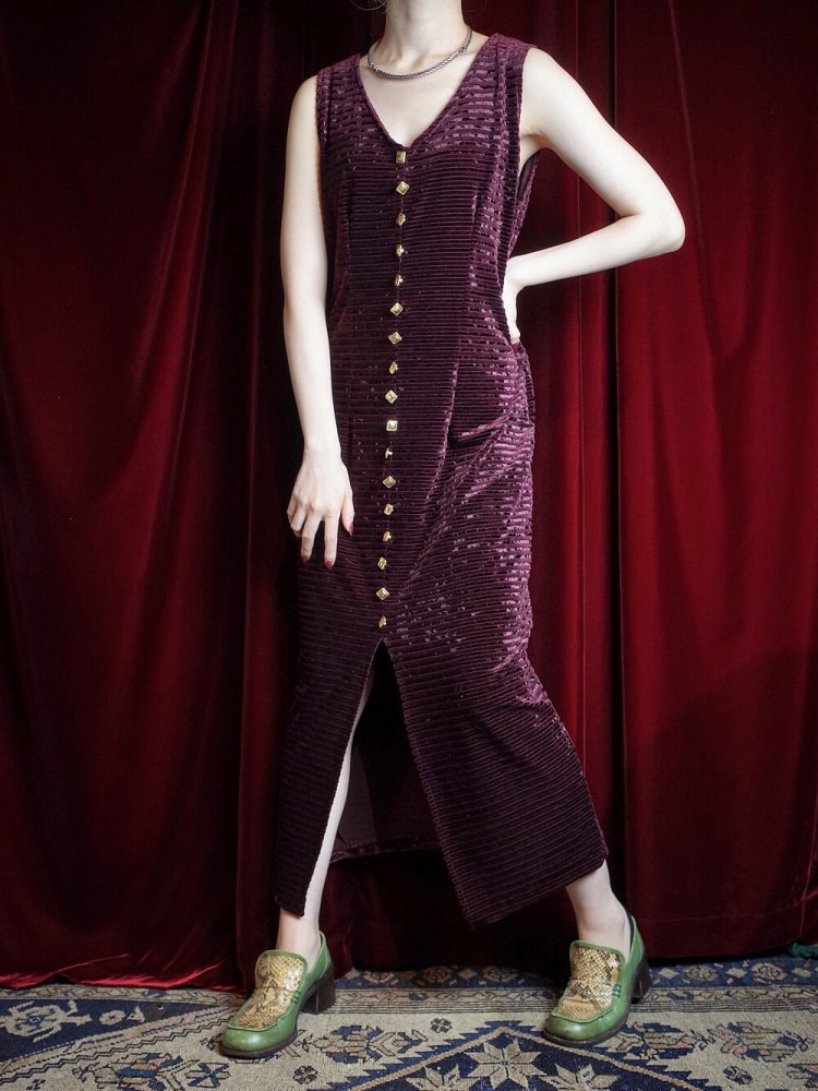 Bordeaux Border Velvet  Gold Buttons Dress