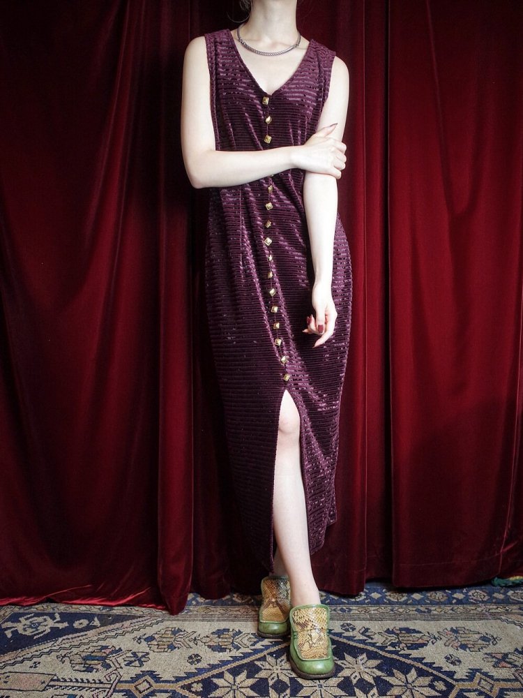 Bordeaux Border Velvet  Gold Buttons Dress