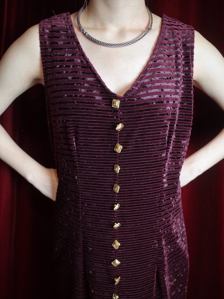 Bordeaux Border Velvet  Gold Buttons Dress