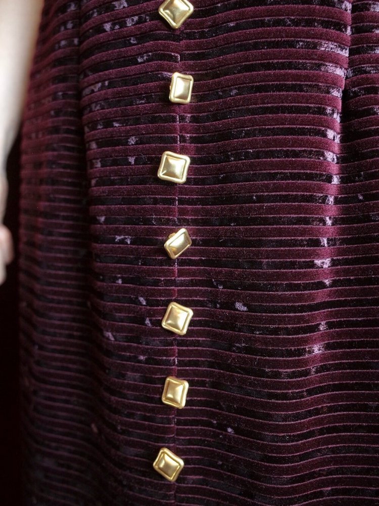 Bordeaux Border Velvet  Gold Buttons Dress