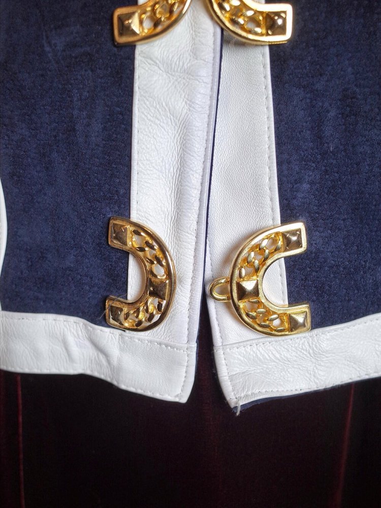 Navy Suede & White Trim Gold Buckle Short Leather Jacket