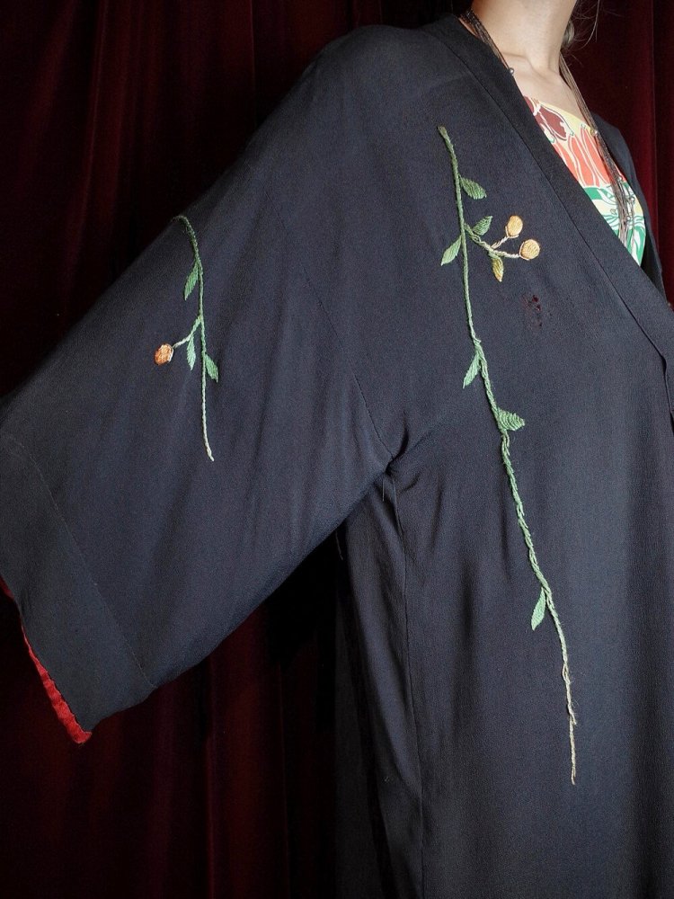 c.1920s Antique Solid Flower Embroidery Silk Kimono Gown