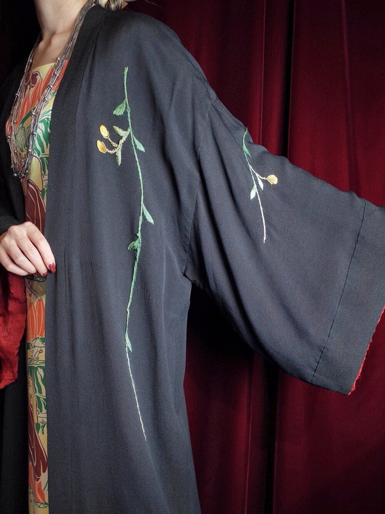 c.1920s Antique Solid Flower Embroidery Silk Kimono Gown