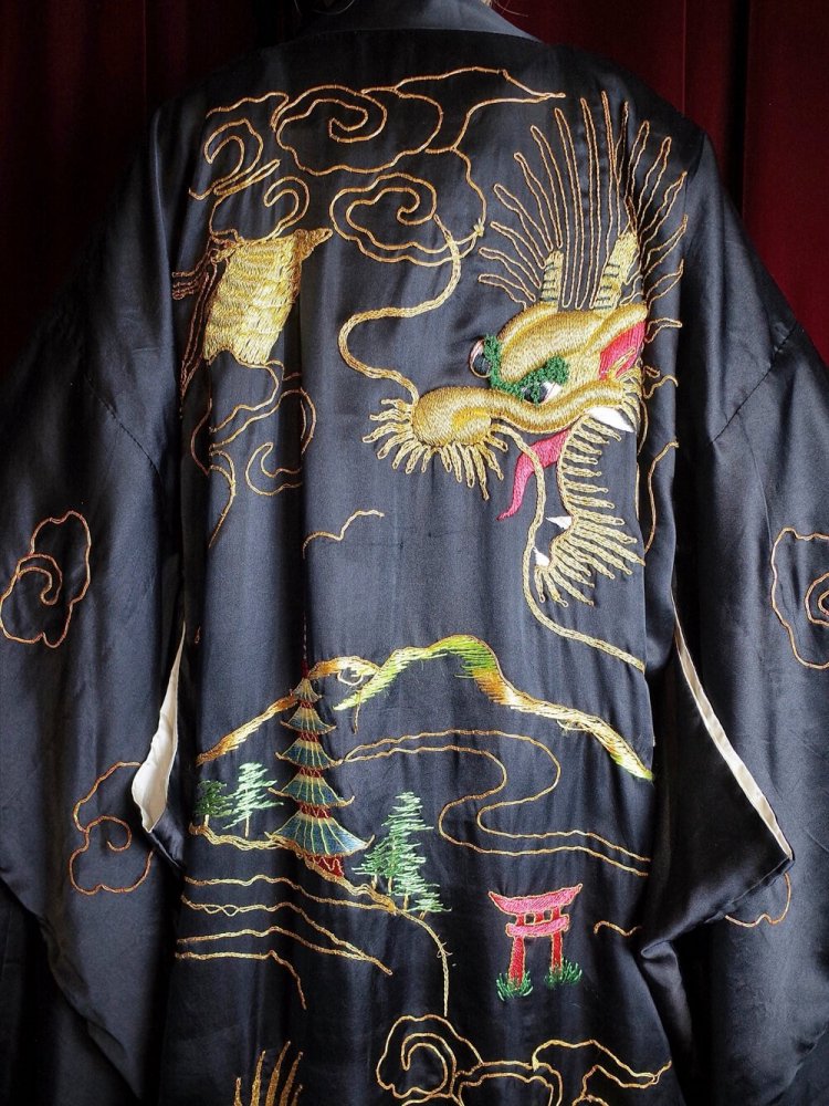 c.1920s Antique "Dragon Embroidery" Black Silk Kimono Gown