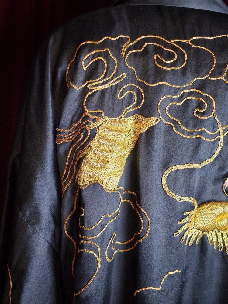 c.1920s Antique "Dragon Embroidery" Black Silk Kimono Gown