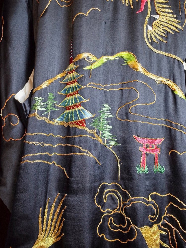 c.1920s Antique "Dragon Embroidery" Black Silk Kimono Gown