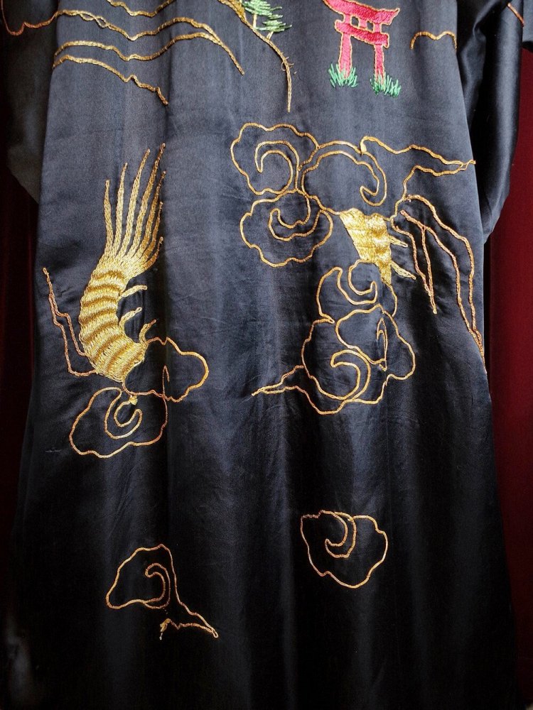 c.1920s Antique "Dragon Embroidery" Black Silk Kimono Gown