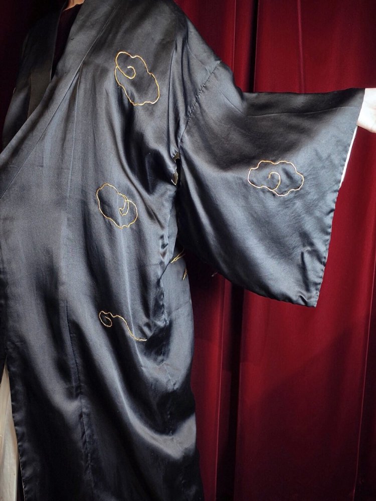 c.1920s Antique "Dragon Embroidery" Black Silk Kimono Gown