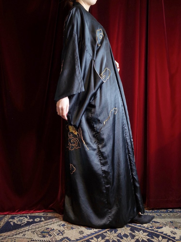 c.1920s Antique "Dragon Embroidery" Black Silk Kimono Gown