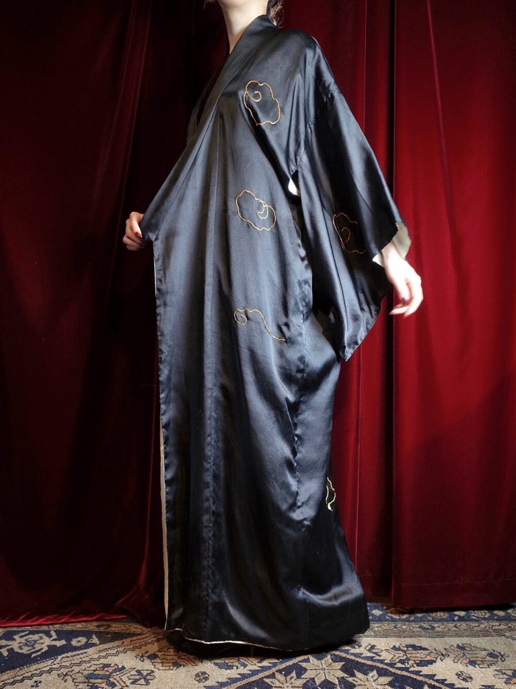 c.1920s Antique "Dragon Embroidery" Black Silk Kimono Gown