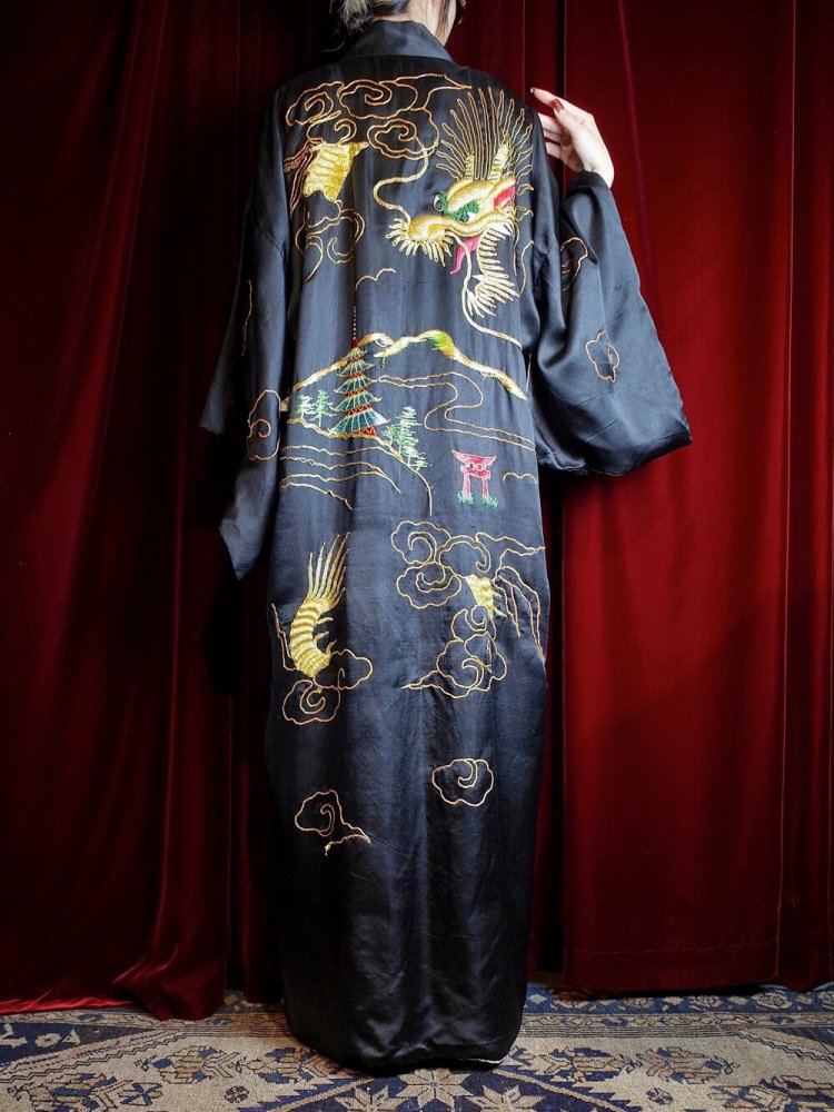 c.1920s Antique "Dragon Embroidery" Black Silk Kimono Gown