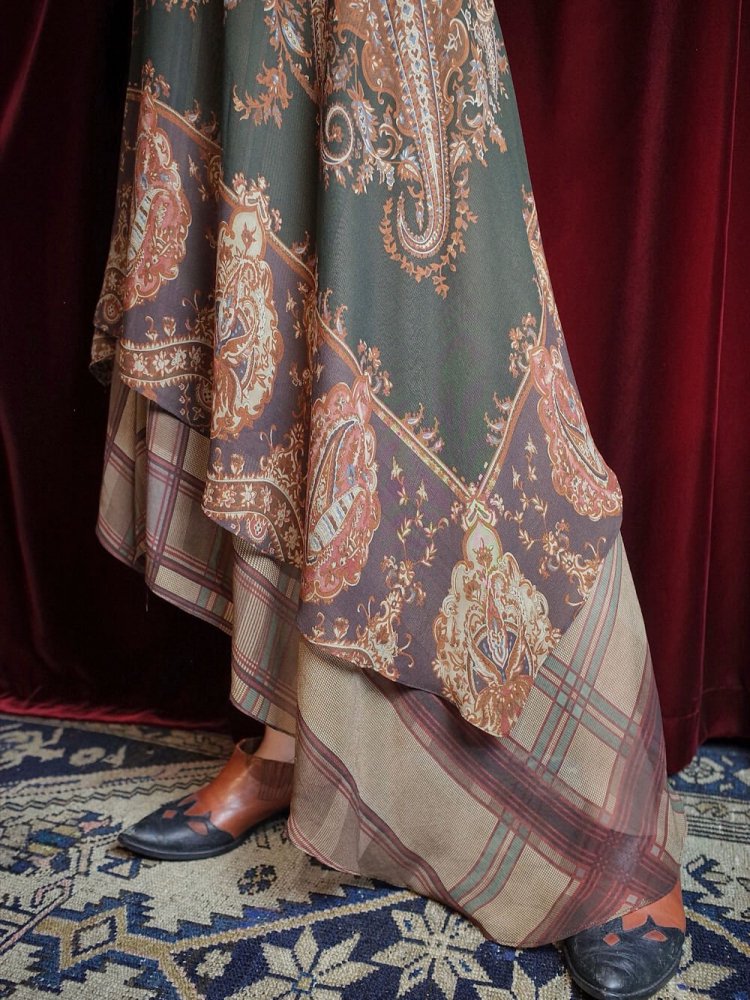 LAUREN / RALPH LAUREN Paisley & Plaid Asymmetry Layered Silk Skirt