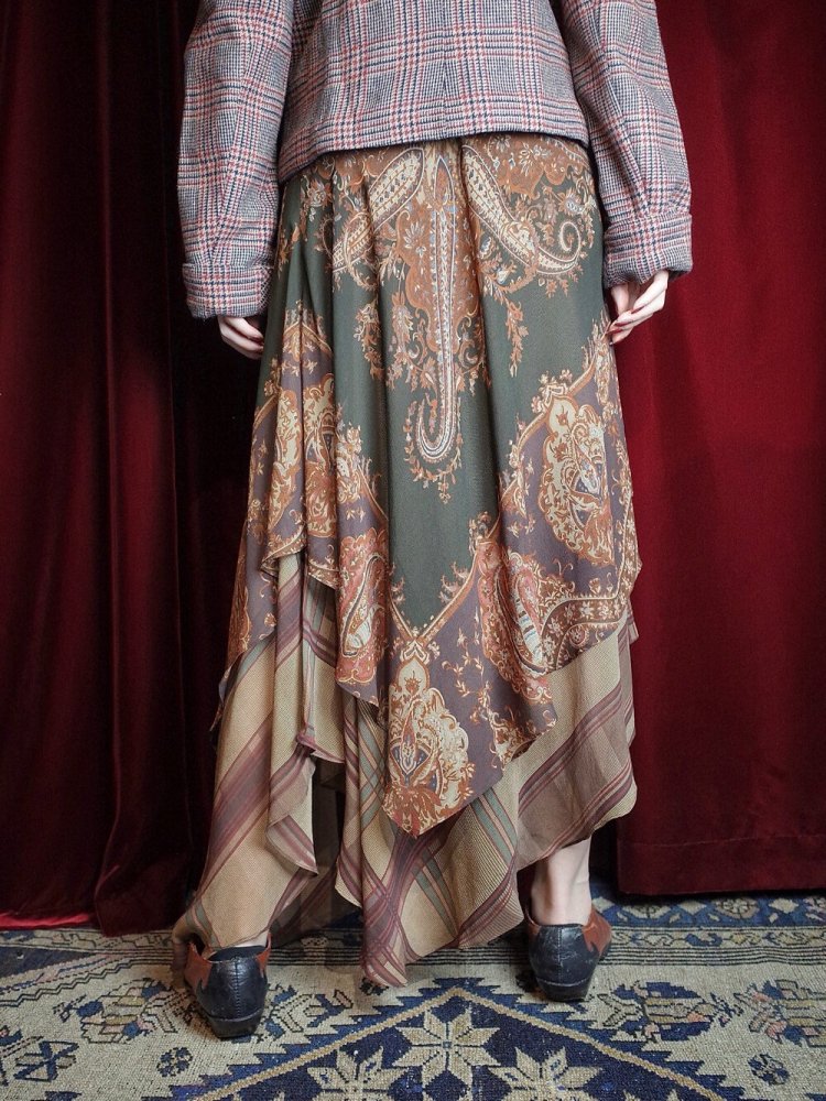 LAUREN / RALPH LAUREN Paisley & Plaid Asymmetry Layered Silk Skirt