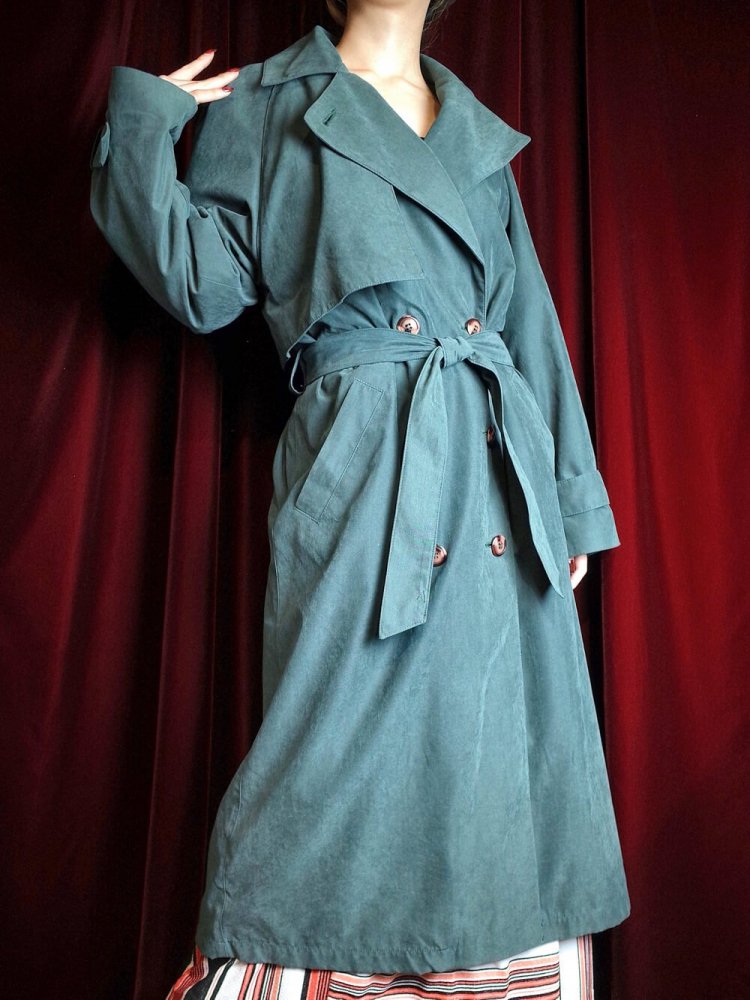 "Made in UKRAINE" Deep Green Peach Skin Trench Coat 賰ǽ饤ʡ