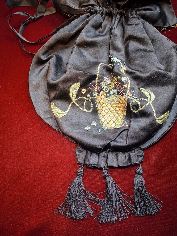 c.1920s Antique Boro Embroidery Black Silk Purse