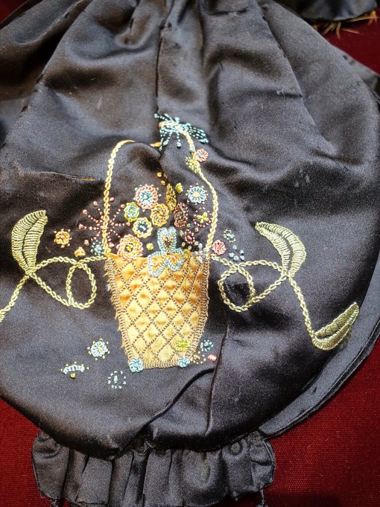 c.1920s Antique Boro Embroidery Black Silk Purse