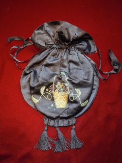 c.1920s Antique Boro Embroidery Black Silk Purse