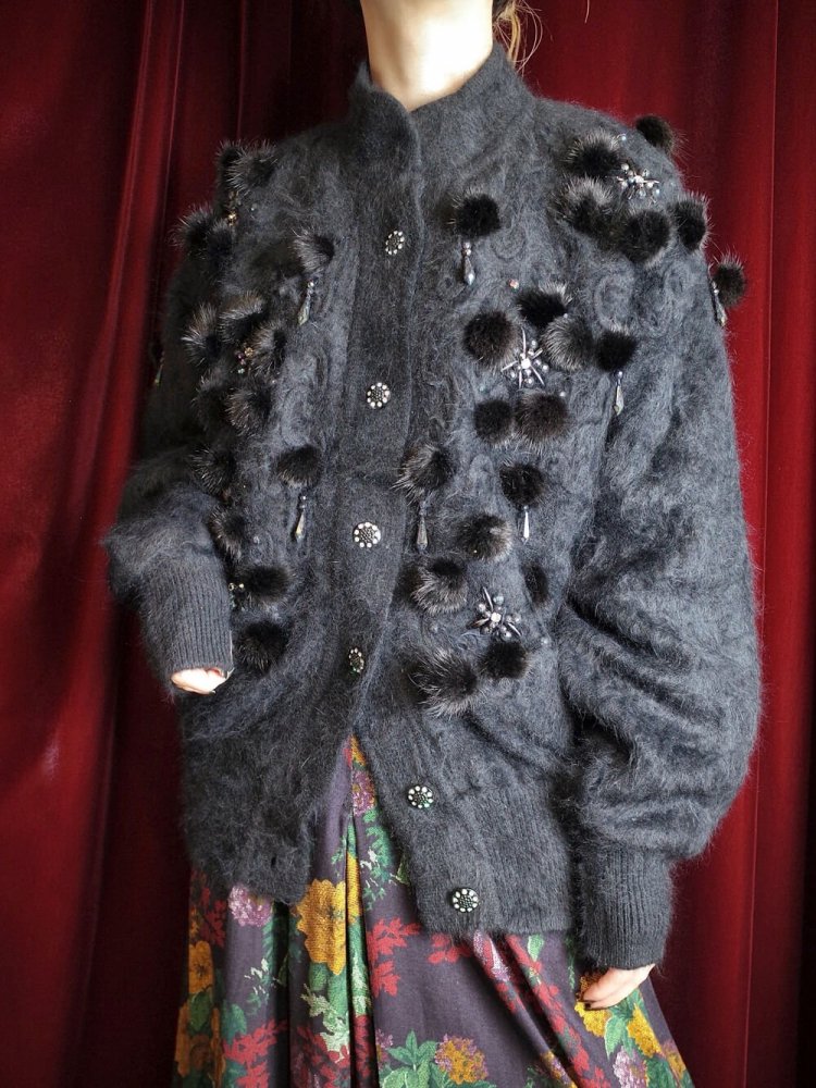 Black Angora "Pompon & Bijou" Knit Blouson