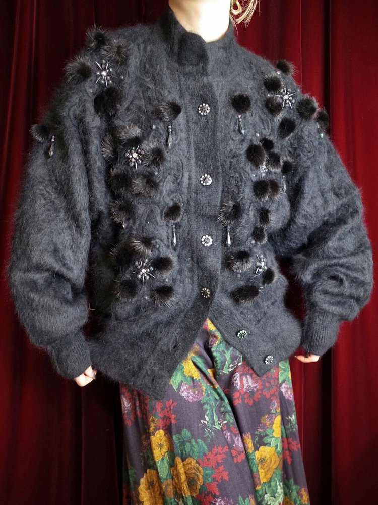 Black Angora "Pompon & Bijou" Knit Blouson