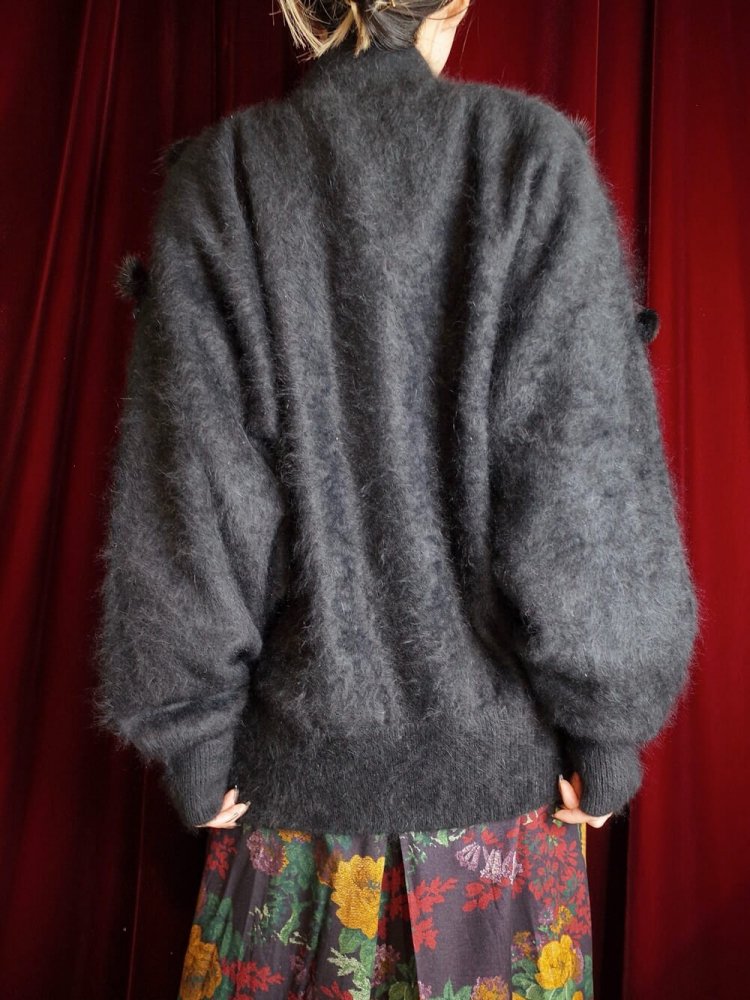 Black Angora "Pompon & Bijou" Knit Blouson