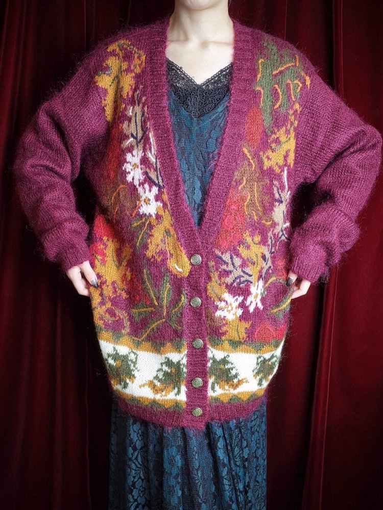 Bordeaux Flower Mohair Knit Cardigan