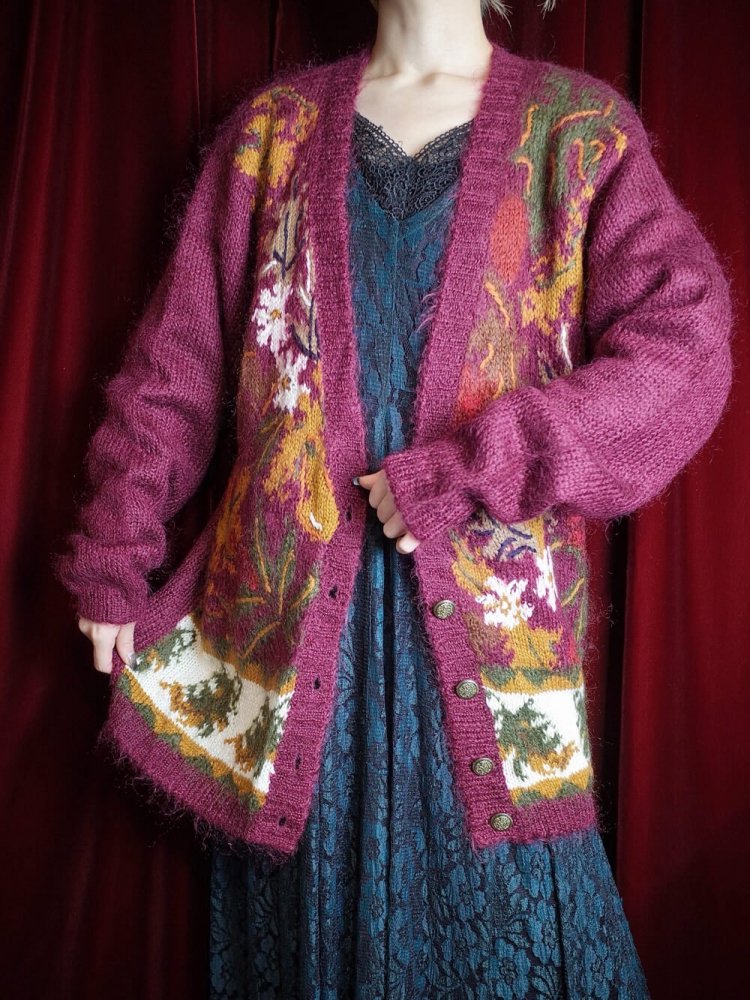 Bordeaux Flower Mohair Knit Cardigan