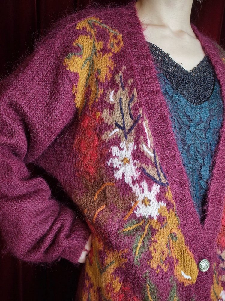 Bordeaux Flower Mohair Knit Cardigan