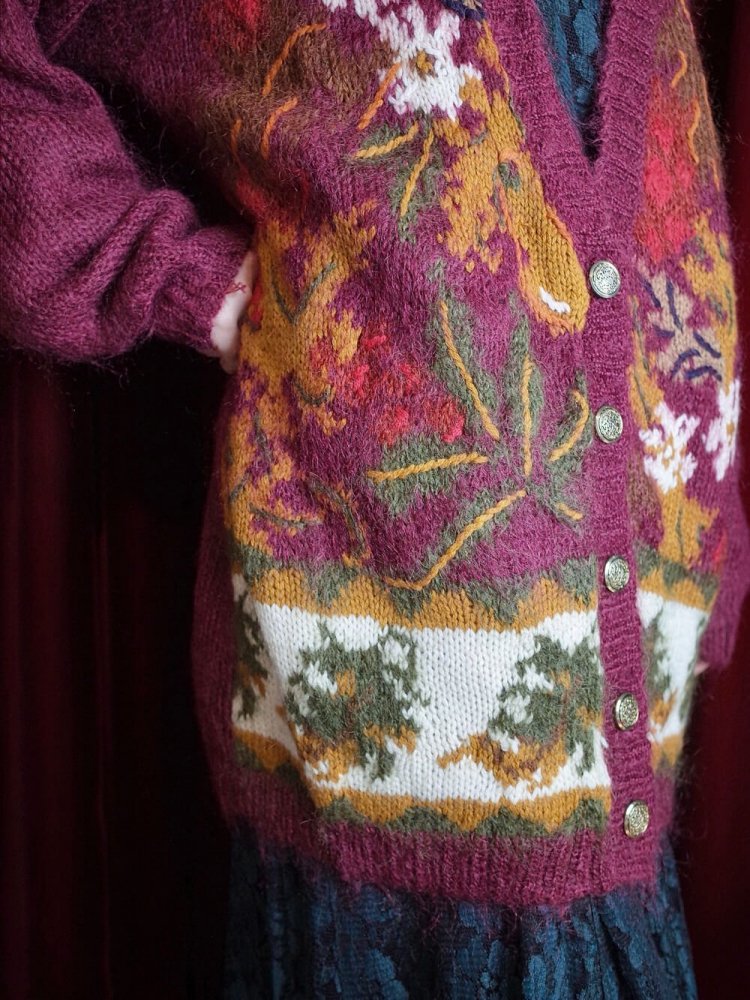 Bordeaux Flower Mohair Knit Cardigan