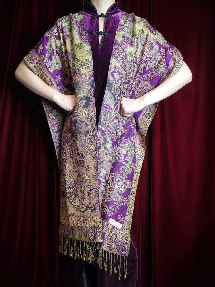 PASHMINASILK Purple Gold Paisley Stole Cape